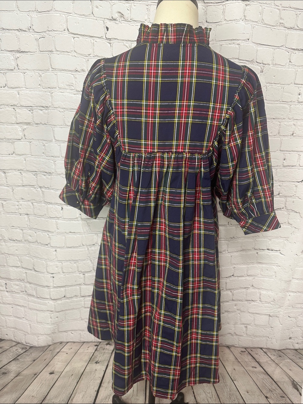 Entro Navy Plaid V Neck Puff Sleeve Babydoll Mini Dress S Small - Picture 4 of 10
